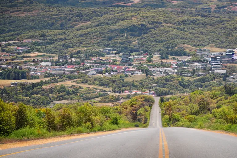 Prompt: looking down road, buildings on both sides. hills background with radio tower on top. telephoto lens compression.