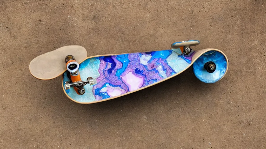 Prompt: skateboard with a geode decal