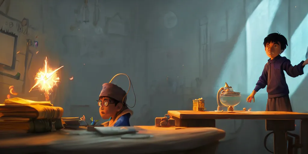 Prompt: a young boy mage with a cloak is standing at his desk working on a experiment, bubbling potions, colorful, light rays, medium shot, waist up, pixar and disney animation, sharp, rendered in unreal engine 5, by greg rutkowski and makoto shinkai, bloom, dramatic lighting, cinematic