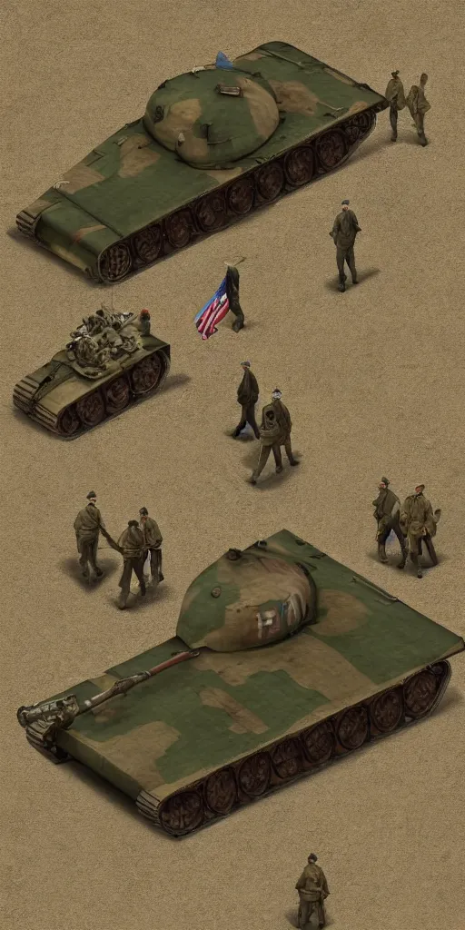 Prompt: one world war 2 tank in front of the soldiers, isometric view, hyperdetailed, digital art, cinematic light