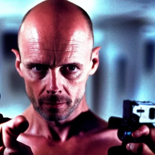 Prompt: bald Michael Biehn in Alien 3, carrying a pulse rifle in his hands, 1991 directed by David Fincher 4K