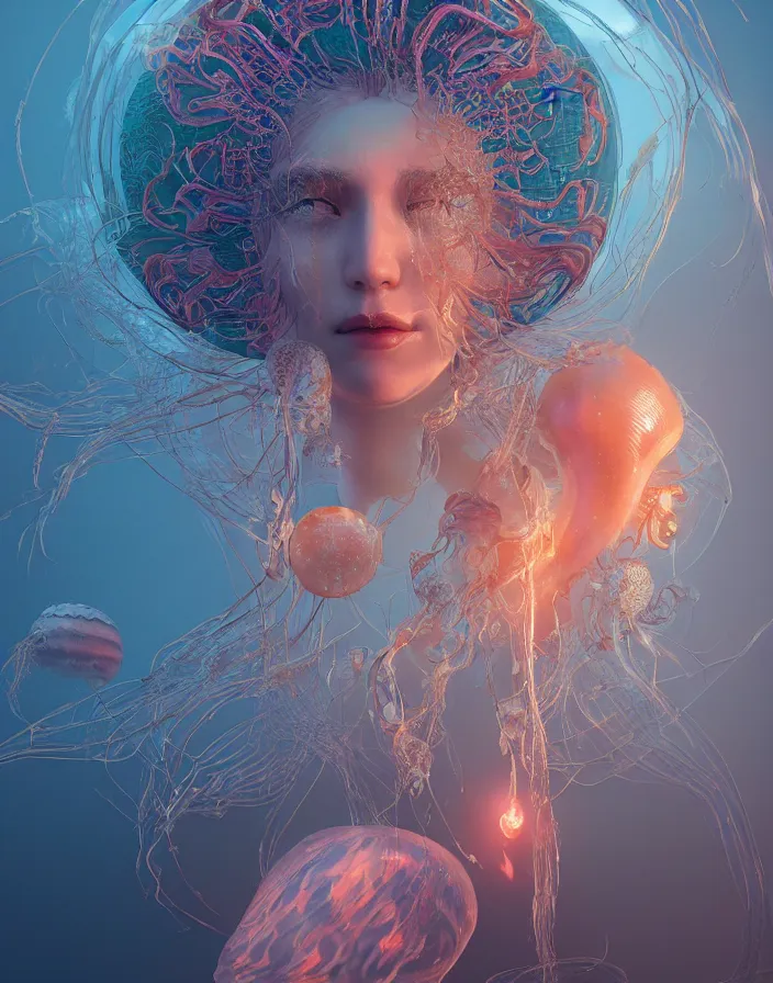 Image similar to goddess portrait. jellyfish phoenix head. intricate artwork by Tooth Wu and wlop and beeple. octane render, trending on artstation, greg rutkowski very coherent symmetrical artwork. cinematic, hyper realism, high detail, octane render, 8k