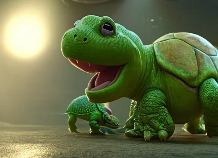 Image similar to film still of yoshi in the new sci - fi movie, cute upright standing upright upright dinosaur standing on its hind legs with a small turtle shell and long tongue, 8 k