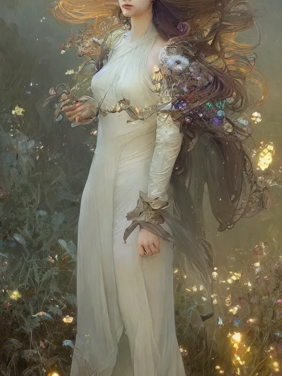 Image similar to Ruan Jia, Full view Ethereal Floralpunk elysian Maiden of radiant light wearing ivory dress made of stardust masterpiece 4k digital illustration, Mandy Jurgens, award winning, Artstation, art nouveau aesthetic, Alphonse Mucha background, intricate details, realistic, panoramic view, Hyperdetailed