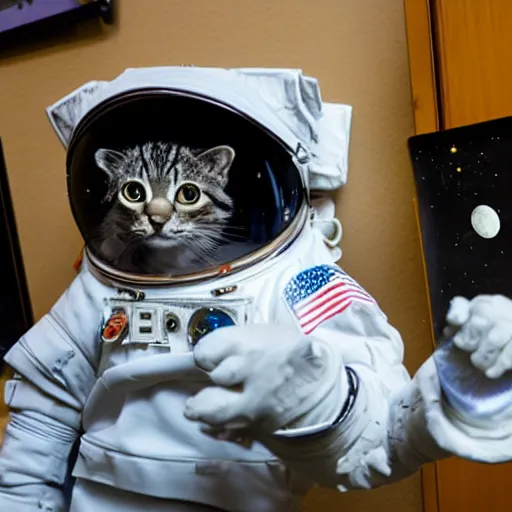 Image similar to cat astronaut plays with a moon rock