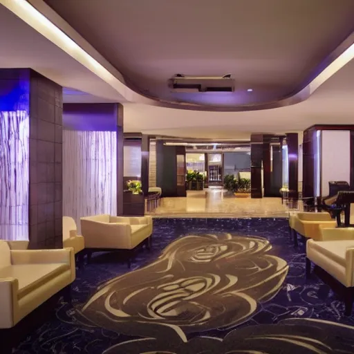 Image similar to wide angle view of an elegant metro hotel lobby, modern anime style, official anime still