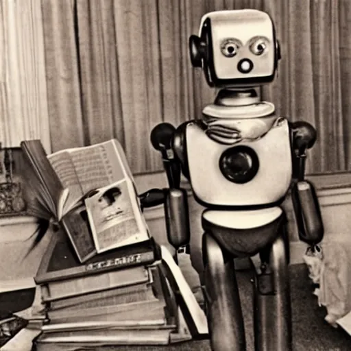 Prompt: vintage robot gives book reading in 1 9 5 0 s beat cafe