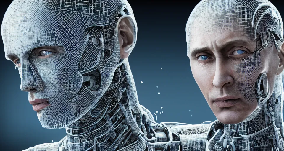 Image similar to hyperrealistic mixed media portrait of a Robot of Vladimir Putin forward angle, stunning 3d render inspired art by P. Craig Russell and Barry Windsor-Smith + perfect facial symmetry + dim volumetric lighting, 8k octane beautifully detailed render, post-processing, extremely hyperdetailed, intricate futuristic mechanic parts, epic composition, grim yet sparkling atmosphere, cinematic lighting + masterpiece, trending on artstation