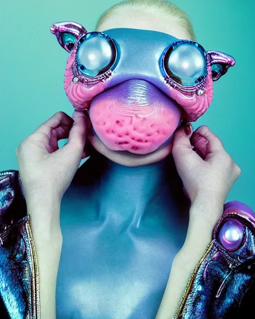 Image similar to natural light, soft focus portrait of a cyberpunk anthropomorphic turtle with soft synthetic pink skin, blue bioluminescent plastics, smooth shiny metal, elaborate ornate head piece, piercings, skin textures, by annie leibovitz, paul lehr