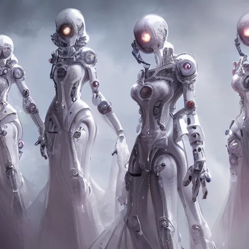 Prompt: female white robots with heart organ, dressed in iwhite ntricate gothic futuristic veils and jewels, epic environment, matte painting, diffused lighting, highly detailed, cinematic, epic atmosphere, digital art, trending on artstation, wide angle