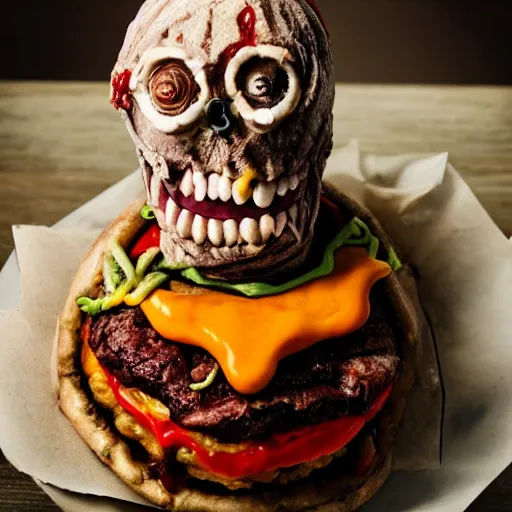 Image similar to a humanoid bipedal upright zombie that strongly resembles a hamburger, professional food photography