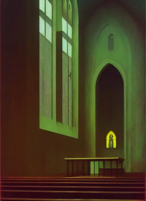 Prompt: Inside a church, Edward Hopper and James Gilleard, Zdzislaw Beksinski, Mark Ryden, Wolfgang Lettl highly detailed, hints of Yayoi Kasuma