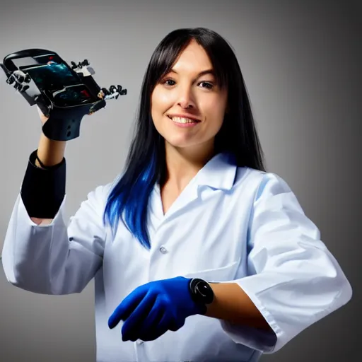 Prompt: a female scientist with a futuristic robotic arm