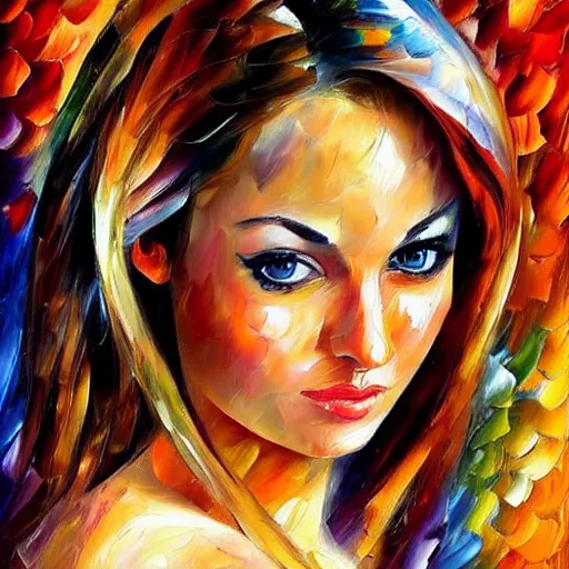 Prompt: painting of a gorgeous self conscious woman in the style of leonid afremov, hyperrealistic eyes, elaborate hairstyle, low contrast, silk skin