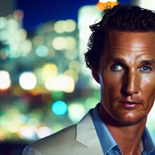 Image similar to a still of Mathew McConaughey. Close up. Shallow depth of field. City at night in background, lights, colors ,studio lighting, mood, 4K. Profession photography