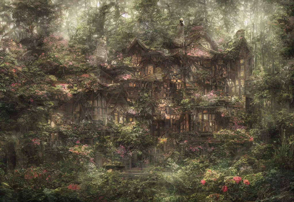 Image similar to a house sitting in a forest, wallpaper, ornate, beautiful, atmosphere, vibe, flowers, concept art illustration, color page, 4 k, tone mapping, doll, akihiko yoshida, james jean, andrei riabovitchev, marc simonetti, yoshitaka amano, digital illustration, greg rutowski, volumetric lighting, sunbeams, particles