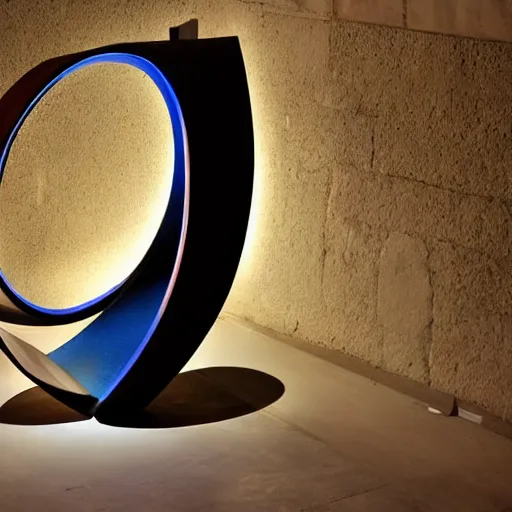 Image similar to circle shaped sculpture, curves, wood, colored lights, portal, sketch