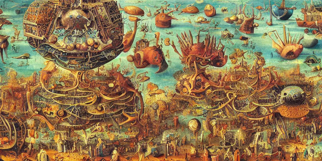 Image similar to biological valve body megastructure in the style of heironymus bosch, intricate colorful masterpiece, hyper detailed, hd