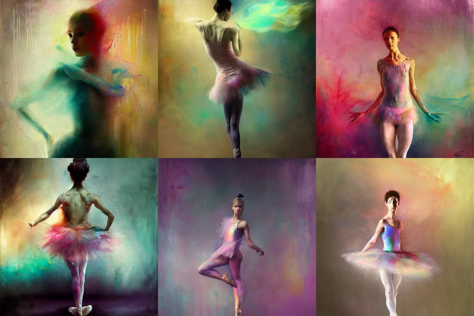 Prompt: ballet dancer by cy Twombly and BASTIEN LECOUFFE DEHARME, colorful, iridescent, volumetric lighting, abstract