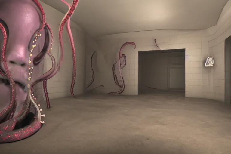 Prompt: 2 0 0 0 s footage of a void monster, empty room, psychological horror, warp, tentacles, eyes, deformed