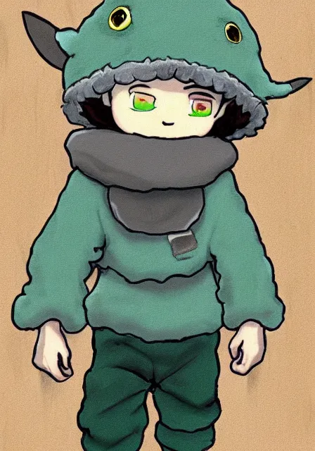 Prompt: little boy wearing sheep suit using a smartphone, gray, blue, green and brown pallet color. made in abyss art style, inspired in kris from deltarrune, cute detailed artwork, anatomically correct, clean details