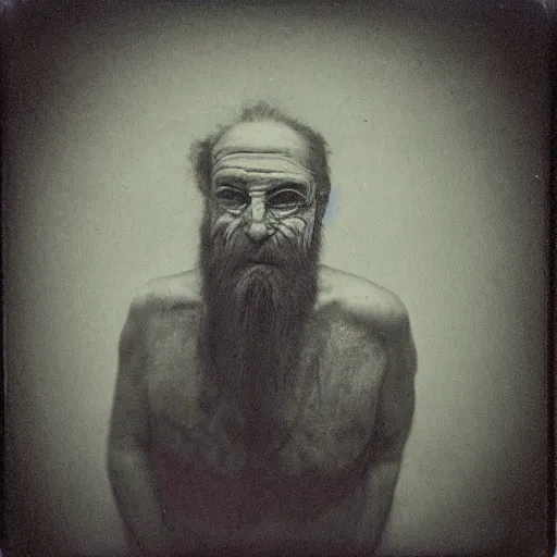 Prompt: portrait of the exiled god, polaroid, cosmic horror, photo, lovecraft, flesh, nightmare, demon, old man, beard, no eyes,