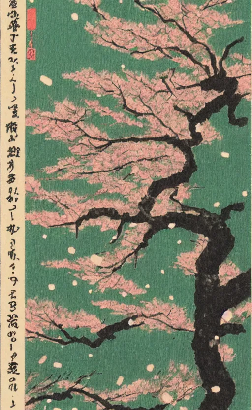 Prompt: by akio watanabe, manga art, cherry blossoms falling, a tree on a hill, trading card front