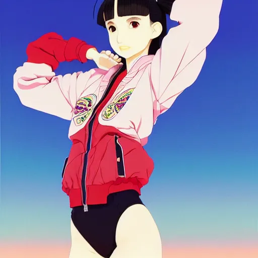 Image similar to a beautiful japanese natalie portman gravure model, wearing oversized native designer bomber jacket and leotard, bulky poofy bomber jacket with mesoamerican patterns, mesoamerican native street fashion, gapmoe yandere grimdark, trending on pixiv fanbox, painted by greg rutkowski makoto shinkai takashi takeuchi studio ghibli, akihiko yoshida