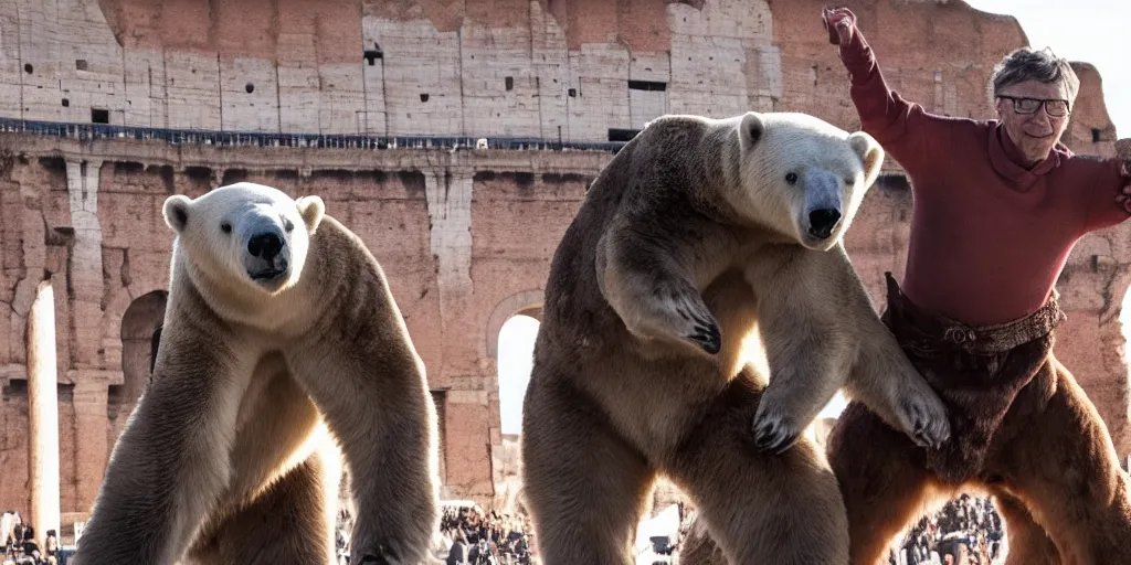 Image similar to Bill Gates is a face-uncovered gladiator and fights against a polar bear in the Colosseum. Film scene. Dramatic.