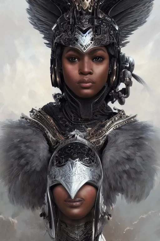 Prompt: a full portrait of a black female valkyrie, winged helmet, intricate, elegant, highly detailed, digital painting, japanese, artstation hyperdetailed, 8 k, realistic, symmetrical, in the style of krenz cushart, artem demura