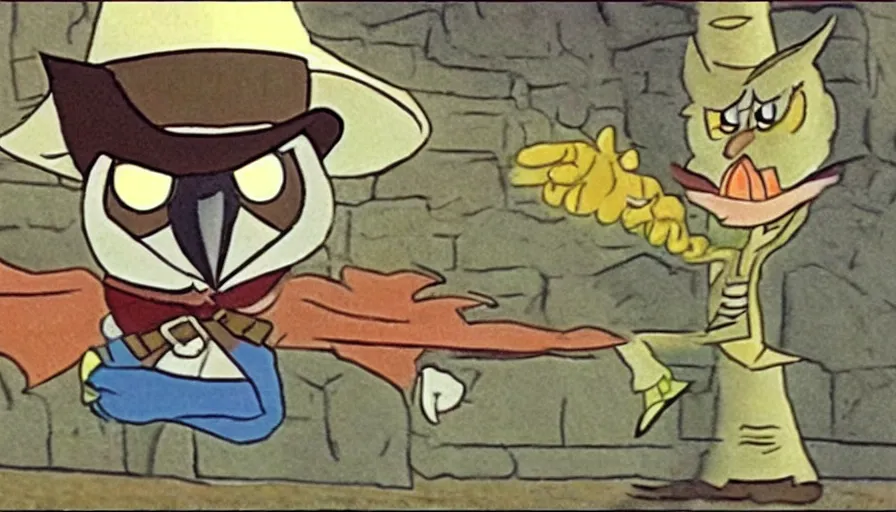 Image similar to saturday morning cartoon shot of an owl dressed as the lone ranger, screenshot from 1990s animated show