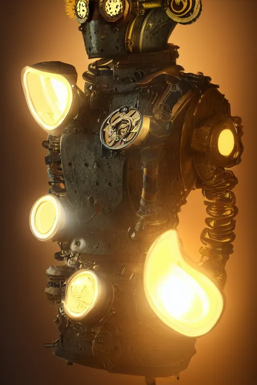 Image similar to steampunk mask minimalist fantasy art robot ninja helmet, global illumination ray tracing hdr fanart arstation by sung choi and eric pfeiffer and gabriel garza and casper konefal radiating a glowing aura