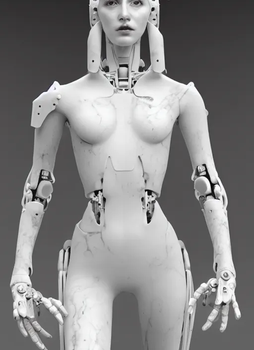 Image similar to a bloody statue made of white marble, of an gorgeous futuristic cybernetic angel girl, prostheses, transhumanism, full body shot, perfect symmetrical body, perfect symmetrical face, hyper realistic, hyper detailed, by johannen voss, by peter kemp, by monia merlo, by michelangelo, octane render, blender, 8 k