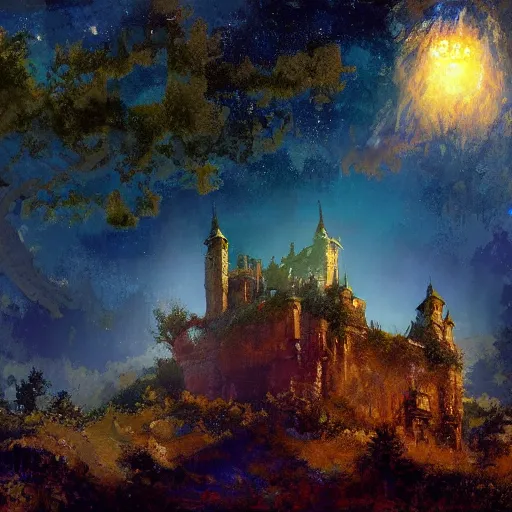 Image similar to a renaissance castle in a forest with a glowing night sky, upward angle, by craig mullins