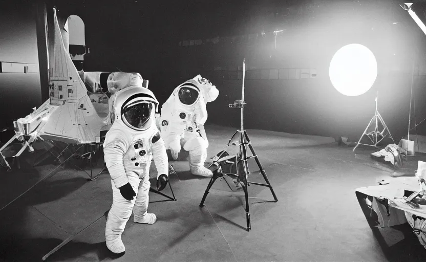 Image similar to Behind the scenes photos of the faked Apollo 11 Lunar landing on a Hollywood sound stage directed byStanley Kubrick. Leica IIIc, 70mm. Black and white