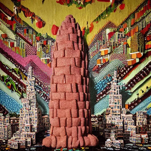 Image similar to imposing by mark briscoe, by todd mcfarlane umber. a installation art of a city made entirely out of kulich, a traditional russian easter bread. the city is bustling with activity. the installation art is playful & whimsical, with a touch of magic.