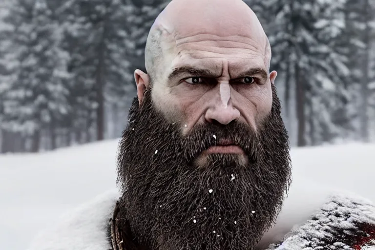 Prompt: vfx movie live action god of war closeup, natural grizzled skin, photoreal, grey beard, in snowy tahoe by emmanuel lubezki