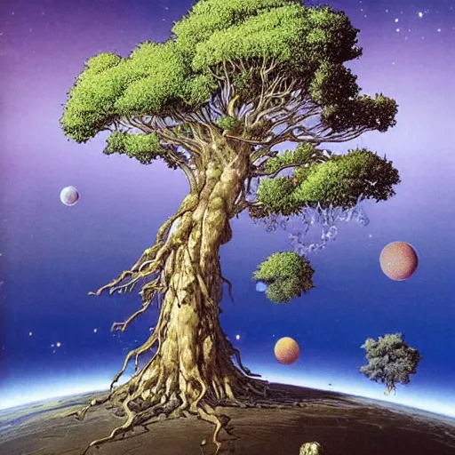 Image similar to a large tree growing from a large floating crystal in space, by moebius