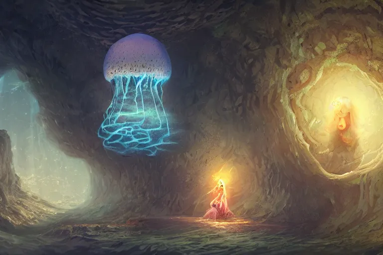 Image similar to a mystical egg with elaborate design inside a cave full of floating jellyfish, wlop, concept art, digital painting, trending on artstation, highly detailed, epic composition, 8 k uhd