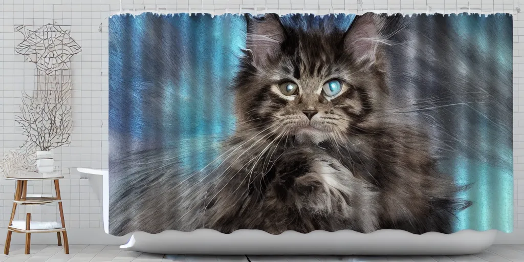 Prompt: a ( ( ( ( ( maine coon kitten ) ) ) ) ) in mandolorian ( tv ) artwork themed shower curtain, shower curtain. digital art. product photography. product lighting. 4 k, highly detailed. saturated.