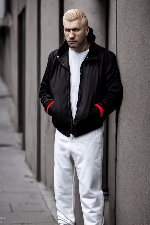 Prompt: warm colors. extreme long shot. 35 years old blonde russian man in white adidas pants. black letaher jacket. white sneakers. hangover face. staying on the street. 4k, 8k, hyprerealistic, extreme hight detail, trending on artstation, masterpiece