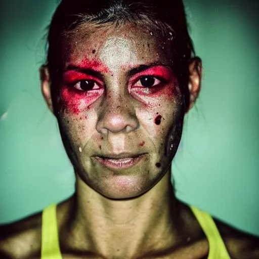 Image similar to close up portrait of woman boxer after boxing with brews blood sweating, photography photojournalism, very grainy image, neon light, 80mm lens, close up portrait polaroid