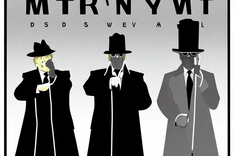 Image similar to poster matte shaded illustration of two donald trump and donald trump wearing trench coats and big black spy hats carrying boxes starring in spy vs spy