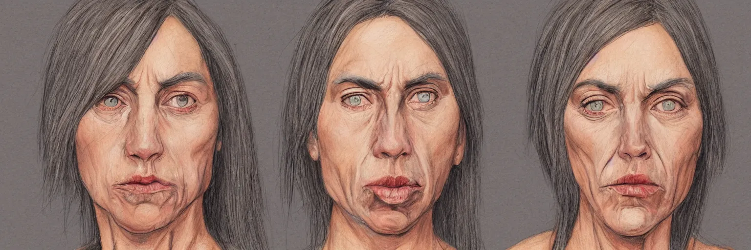Prompt: colored pencils female character face study of iggy pop, fat woman, 5 5 yo, clear female iggy pop faces, emotional, character sheet, fine details, concept design, contrast, kim jung gi, pixar and da vinci, trending on artstation, 8 k, 3 6 0 head, turnaround, front view, back view, ultra wide angle