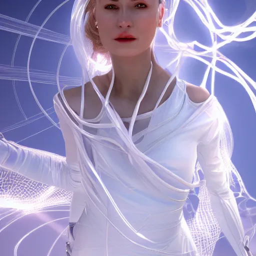 Image similar to a highly detalied digital image of a beautiful futuristic woman elegantly tangled in white threads, by Andrew Chiampo, artstation, and Frederik Heyman, extremely detailed woman, stunning volumetric lighting, hyper realism, fantasy 4k, 8k
