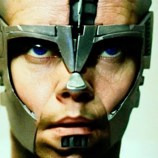 Image similar to movie still of a villain cyborg, facial expression, cinematic composition, cinematic light, surreal cinema, by edgar wright and david lynch,