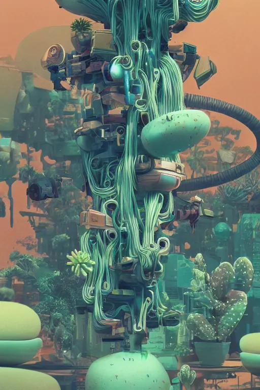 Prompt: epic 3 d abstract spaceship worker, 1 6 mm, plum and teal peanut butter melting smoothly into asymmetrical succulents and cacti, thick wires looping, wavy, kinetic, floating vr headsets, houdini sidefx, deviantart, by jeremy mann, ilya kuvshinov, jamie hewlett and ayami kojima