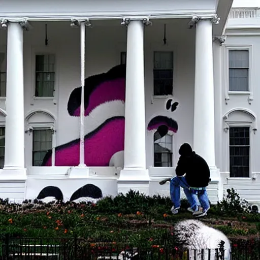 Prompt: a grafitti artist painting a big panda on the side of the white house, photorealistic, beautiful colors, vibrant