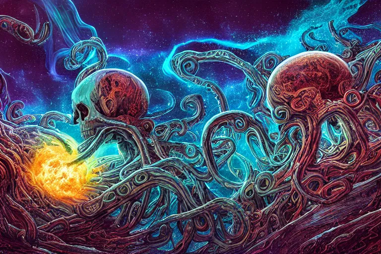 Prompt: a giant skull and flesh creature with deep and intricate rune carvings and twisting lovecraftian tentacles emerging from a space nebula by dan mumford, twirling smoke trails, a twisting vortex of dying galaxies, collapsing stars, digital art, photorealistic, vivid colors, highly detailed, intricate