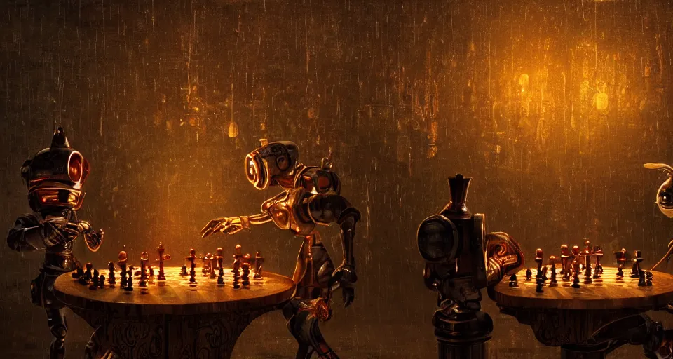 Image similar to a beautiful tapestry, a small robot playing 3 d multi layer chess, ultra detailed, atmospheric lighting, rain, steampunk, moody, candles, characters from machinarium, by don bluth, trending on artstation, octane render, 8 k, ultra realistic